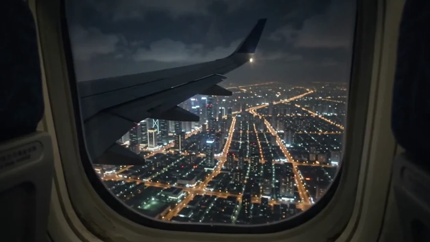 Blick aus dem Flugzeugfenster auf ein nächtliches Häusermeer
