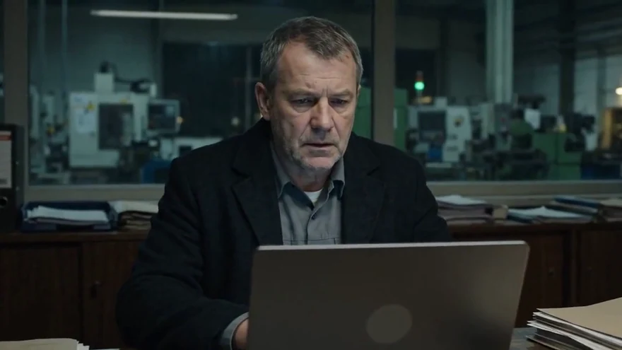 Thomas Berger am Laptop im Büro seiner Federnfabrik, abends