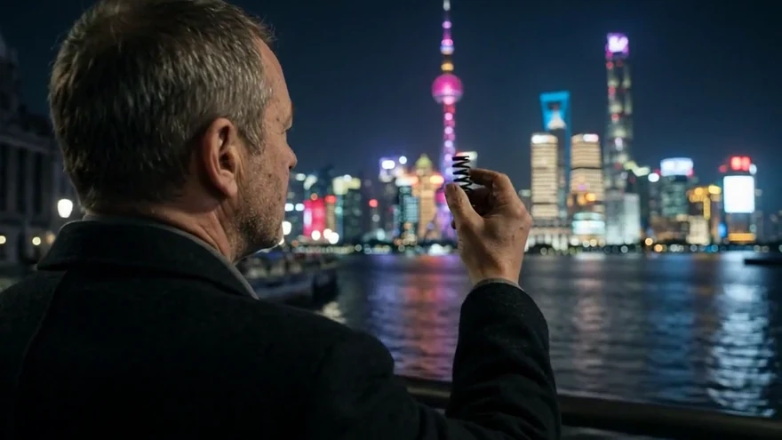 Thomas Berger hält am Bund in Shanghai eine kleine Stahlfeder gegen die beleuchtete Skyline von Pudong